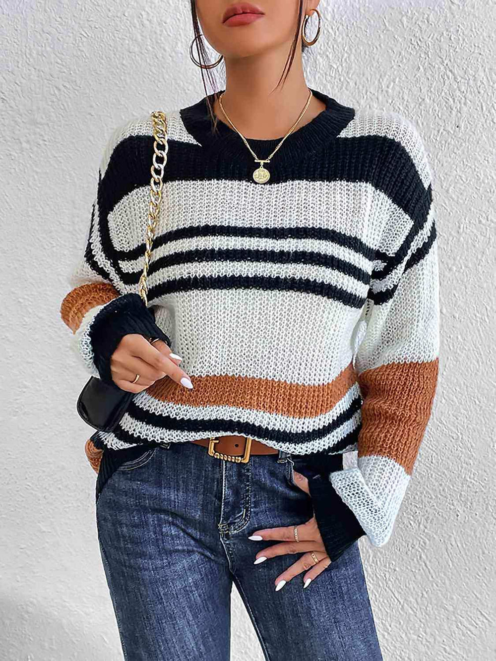 Striped Round Neck Sweater - Trendsi - Flyclothing LLC