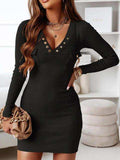 V-Neck Long Sleeve Ribbed Dress - Trendsi - Flyclothing LLC