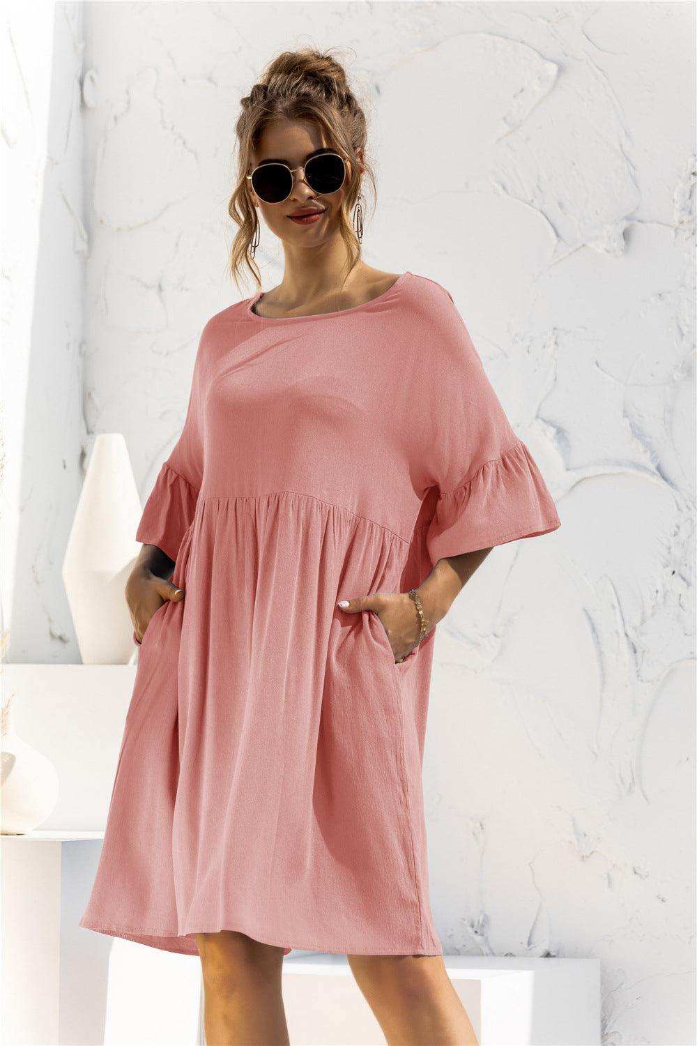 Boat Neck Flounce Sleeve Knee-Length Dress - Trendsi - Flyclothing LLC