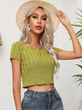 Cable-Knit Round Neck Short Sleeve Knit Top - Trendsi - Flyclothing LLC