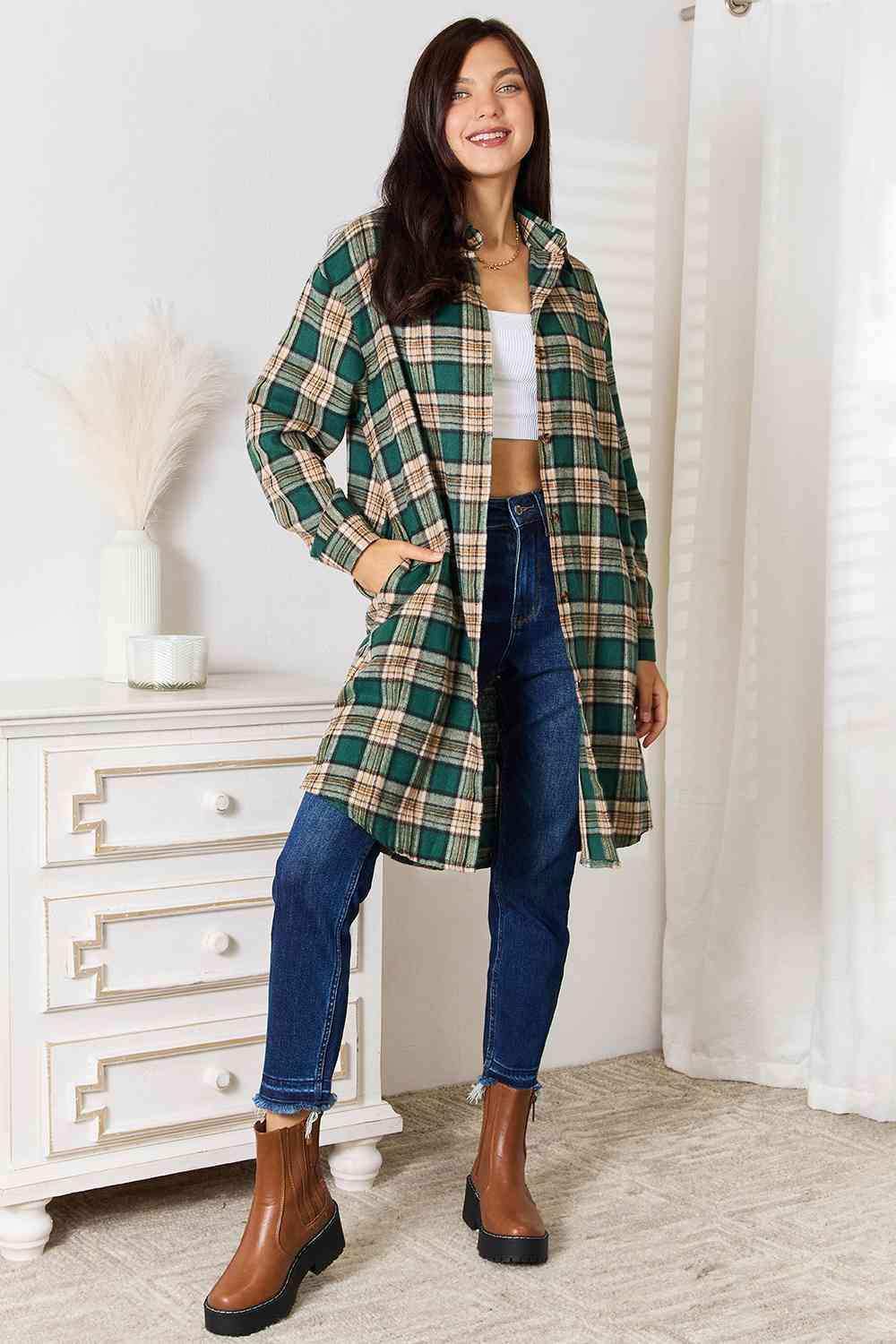 Double Take Plaid Collared Neck Long Sleeve Shirt - Trendsi - Flyclothing LLC