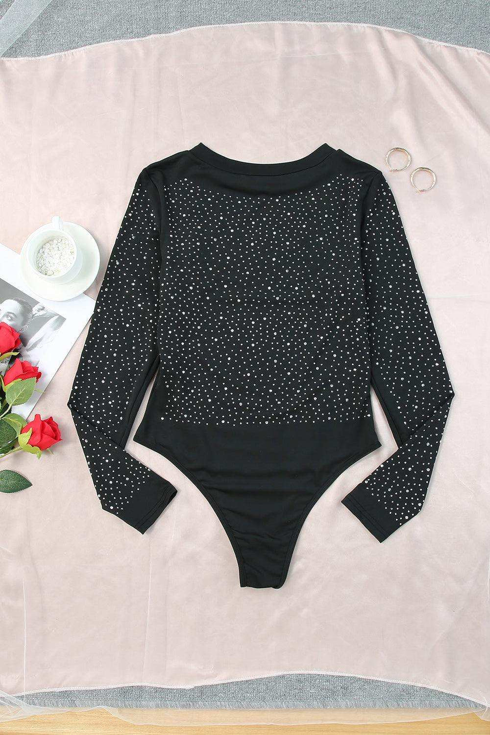 Rhinestone Round Neck Long Sleeve Bodysuit - Trendsi - Flyclothing LLC