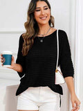 Rolled Round Neck Dropped Shoulder Slit Sweater - Trendsi - Flyclothing LLC