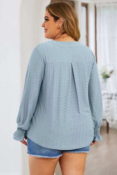 Plus Size Eyelet Notched Flounce Sleeve Blouse - Trendsi - Flyclothing LLC