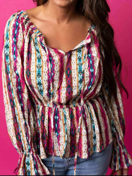 Striped Tie Neck Flounce Sleeve Babydoll Top - Trendsi - Flyclothing LLC