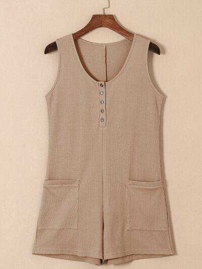 Waffle-Knit Half Button Sleeveless Romper with Pockets - Trendsi - Flyclothing LLC