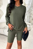 Ribbed Round Neck Dropped Shoulder Top and Shorts Set - Trendsi - Flyclothing LLC