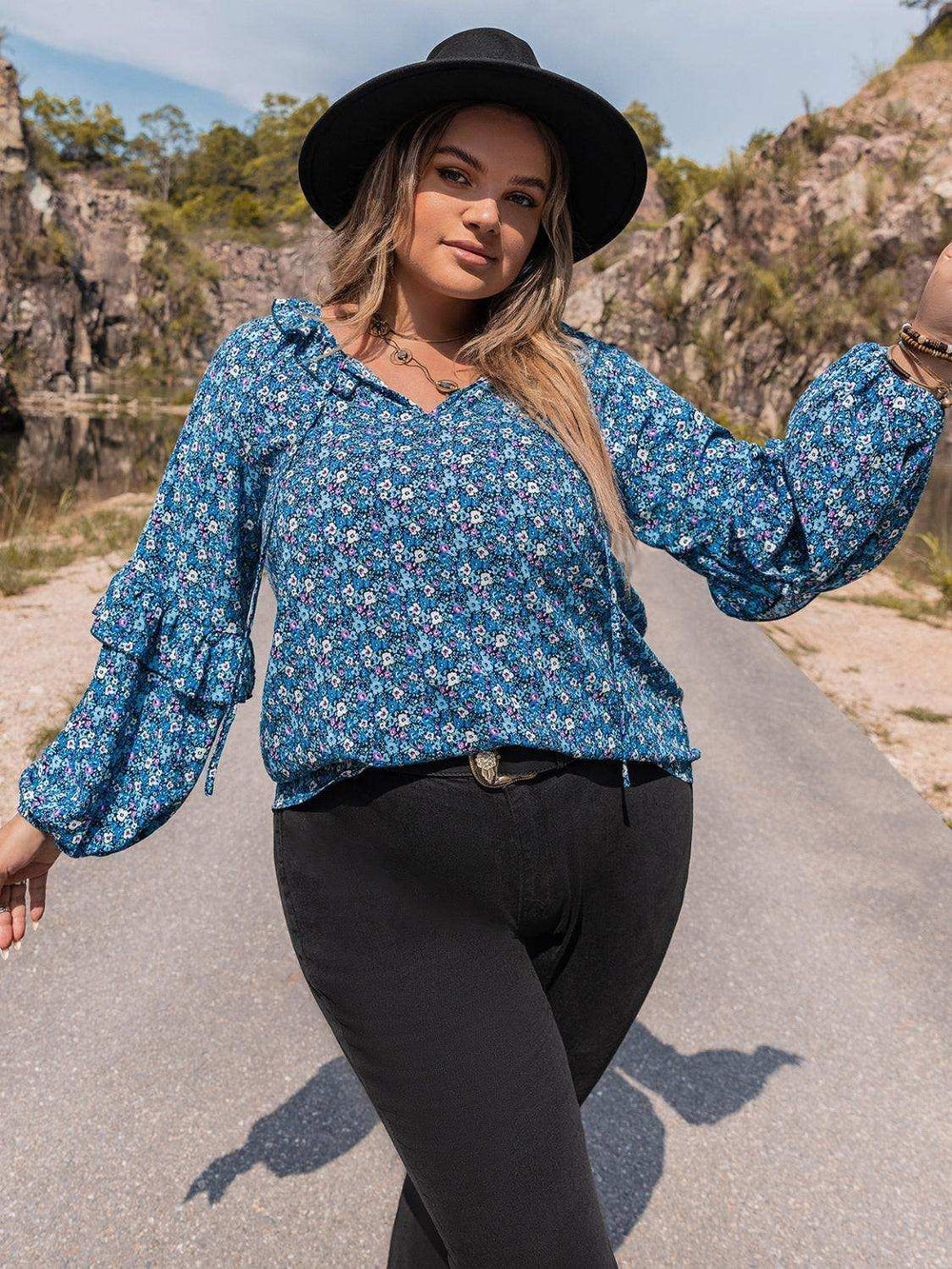 Plus Size Tie Neck Ruffled Blouse - Trendsi - Flyclothing LLC