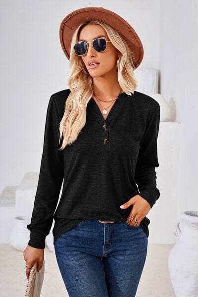 Notched Button Detail Long Sleeve T-Shirt - Trendsi - Flyclothing LLC