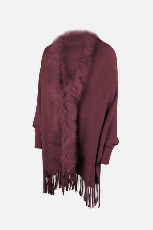 Fringe Open Front Long Sleeve Poncho - Trendsi - Flyclothing LLC
