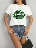 Plaid Lip Graphic Round Neck T-Shirt - Trendsi - Flyclothing LLC