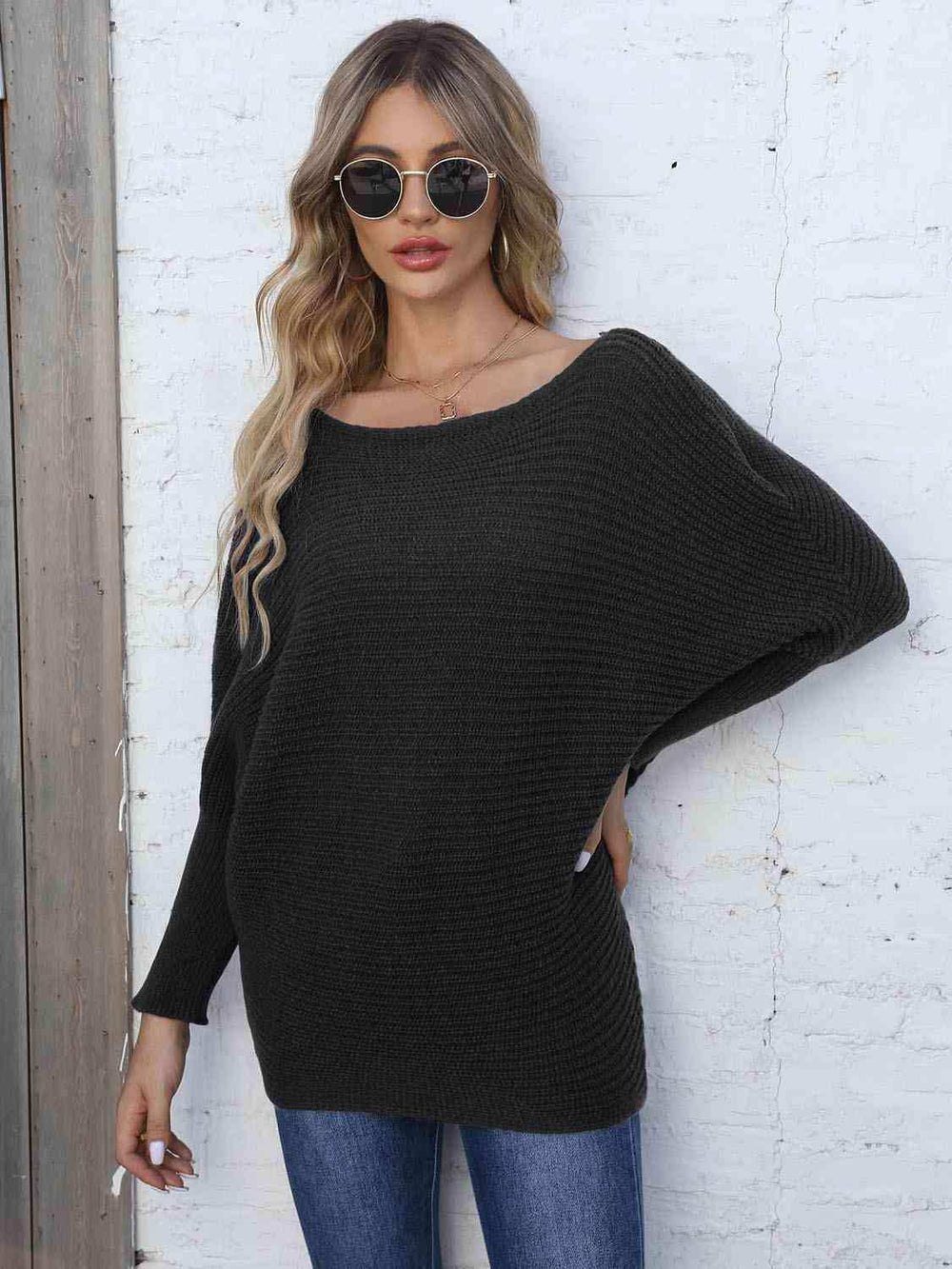 Full Size Horizontal Ribbing Dolman Sleeve Sweater - Trendsi - Flyclothing LLC