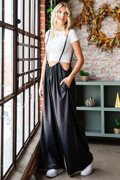 First Love Drawstring Back Spaghetti Strap Wide Leg Overall - Trendsi - Flyclothing LLC