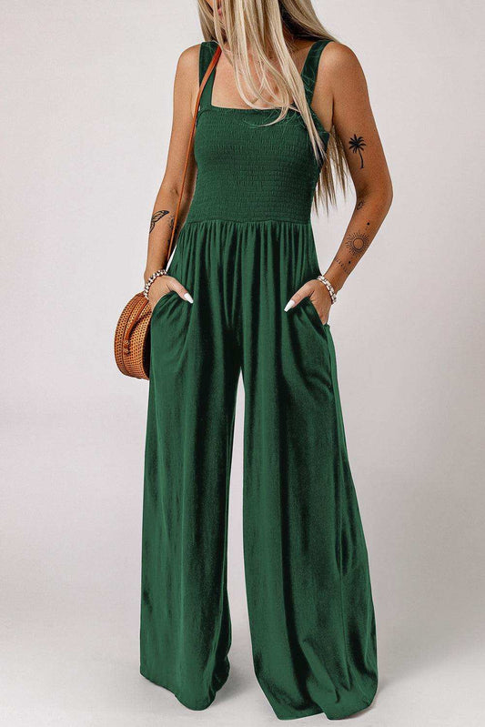 Smocked Square Neck Wide Leg Jumpsuit with Pockets - Trendsi - Flyclothing LLC