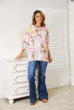 Double Take Floral Round Neck Three-Quarter Sleeve Top - Trendsi - Flyclothing LLC