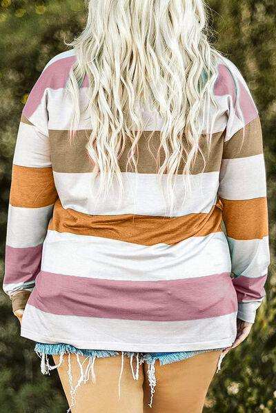 Plus Size Striped Slit Long Sleeve T-Shirt - Trendsi - Flyclothing LLC