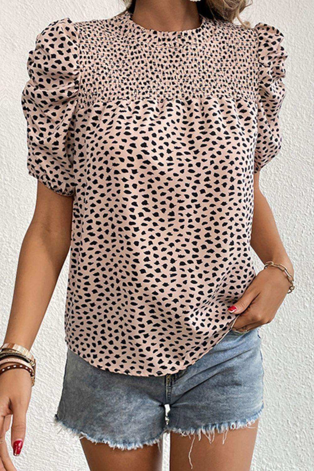 Printed Smocked Puff Sleeve Blouse - Trendsi - Flyclothing LLC