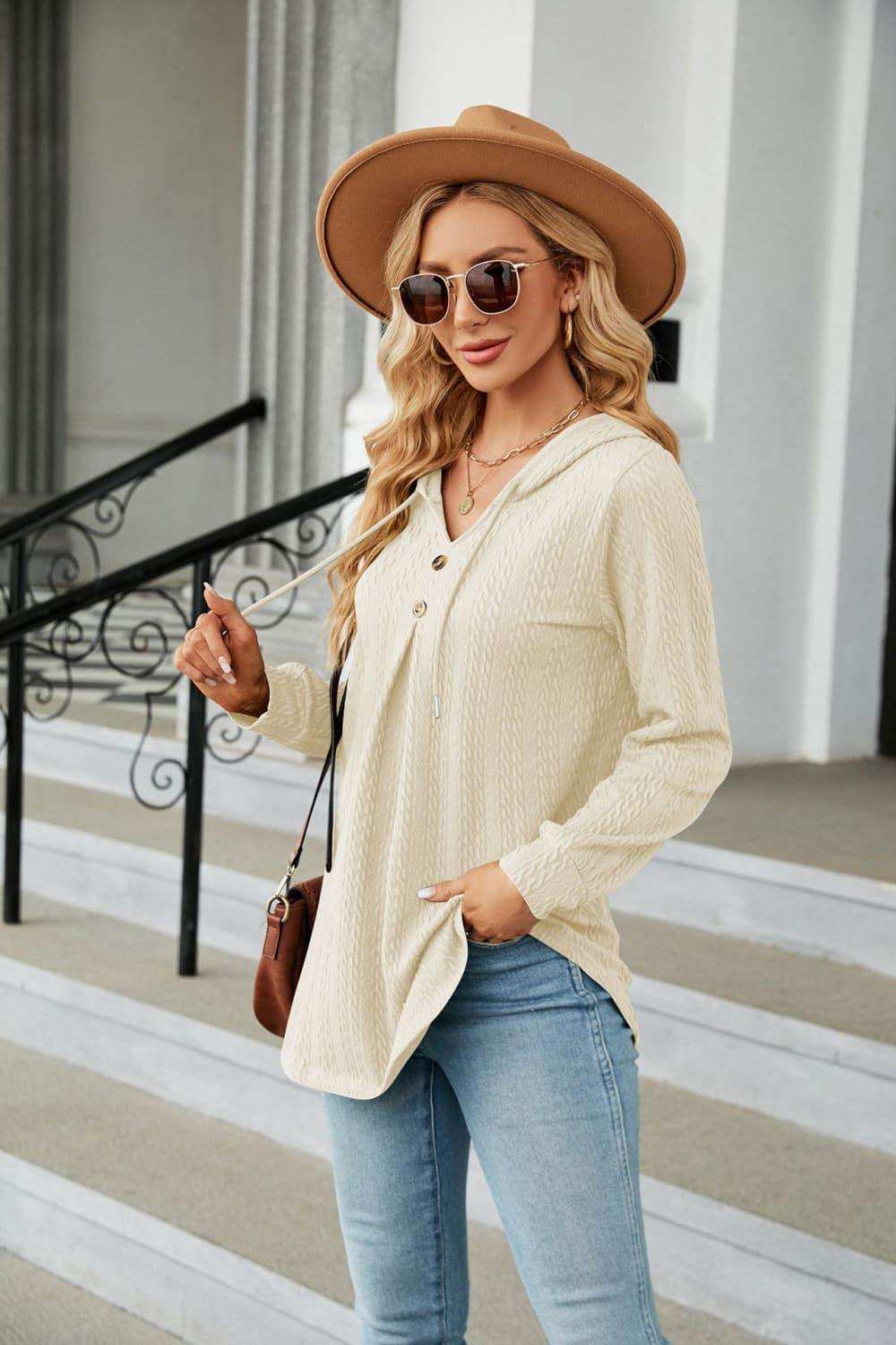 Long Sleeve Hooded Blouse - Trendsi - Flyclothing LLC