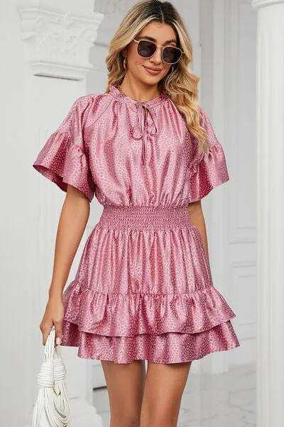 Smocked Tie Neck Flounce Sleeve Dress - Trendsi - Flyclothing LLC