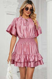 Smocked Tie Neck Flounce Sleeve Dress - Trendsi - Flyclothing LLC