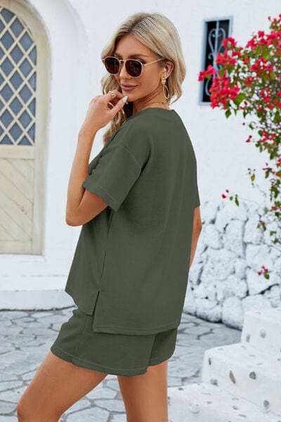 Notched Button Detail Dropped Shoulder Top and Shorts Set - Trendsi - Flyclothing LLC