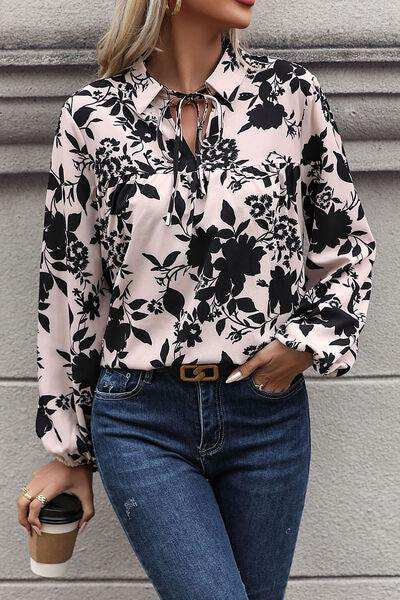 Printed Tie Neck Balloon Sleeve Blouse - Trendsi - Flyclothing LLC