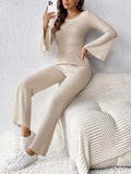 Ribbed Flare Sleeve Top and Pants Set - Trendsi - Flyclothing LLC
