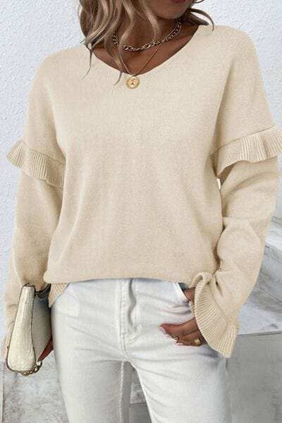V-Neck Ruffle Trim Long Sleeve Sweater - Trendsi - Flyclothing LLC
