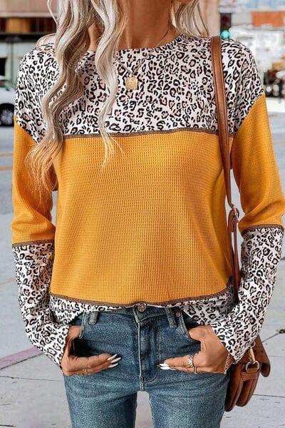 Leopard Waffle-knit Long Sleeve T-Shirt - Trendsi - Flyclothing LLC