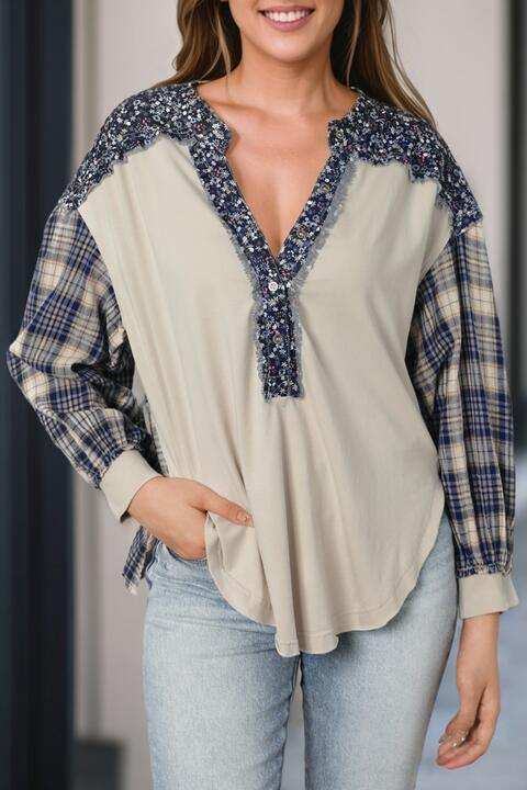 Plaid Notched Neck Slit Blouse - Trendsi - Flyclothing LLC