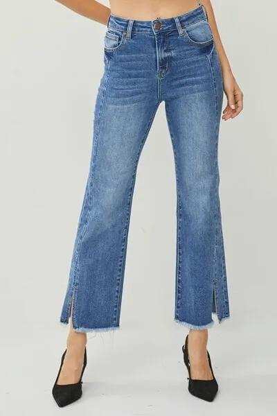 RISEN High Waist Raw Hem Slit Straight Jeans - Trendsi - Flyclothing LLC