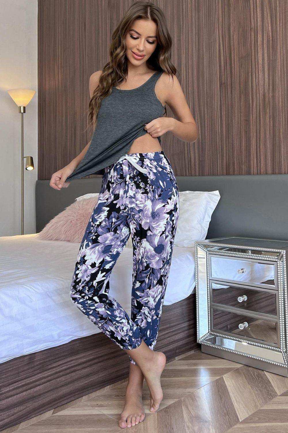 Scoop Neck Tank and Floral Cropped Pants Lounge Set - Trendsi - Flyclothing LLC