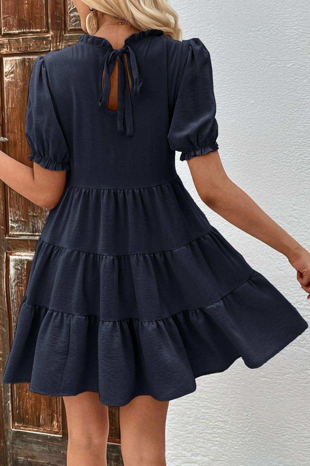 Puff Sleeve Tie Back Tiered Dress - Trendsi - Flyclothing LLC