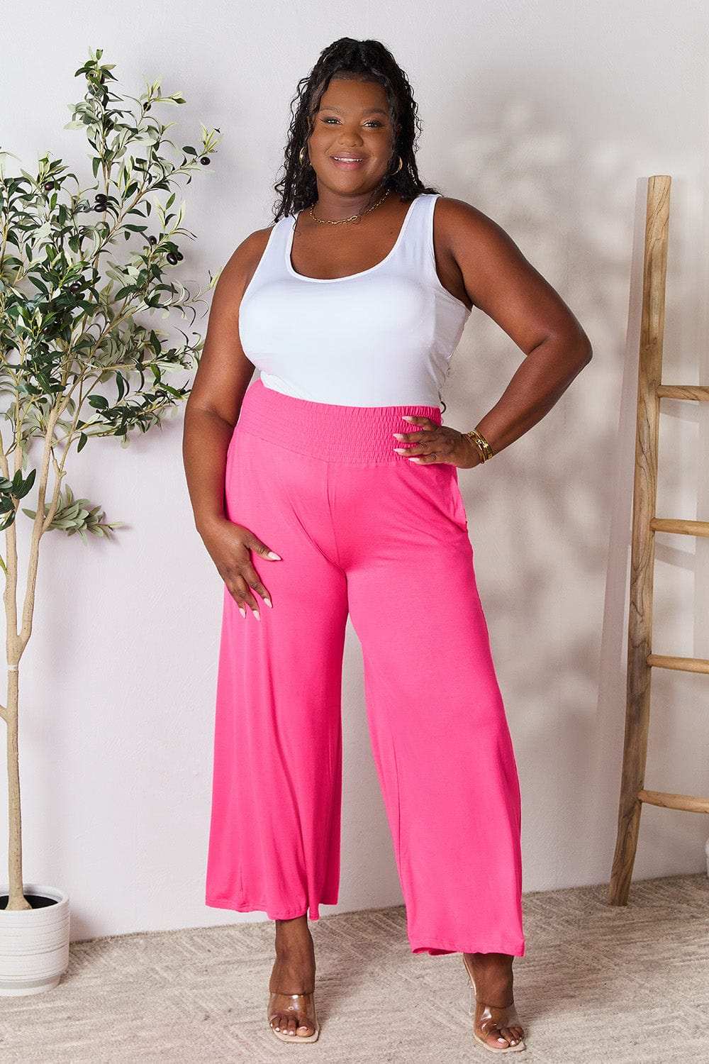 Double Take Full Size Smocked Wide Waistband Wide Leg Pants - Trendsi - Flyclothing LLC