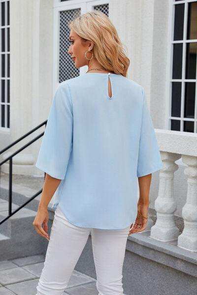 Round Neck Slit Half Sleeve Top - Trendsi - Flyclothing LLC