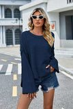 High-Low Slit Round Neck Long Sleeve Sweater - Trendsi - Flyclothing LLC