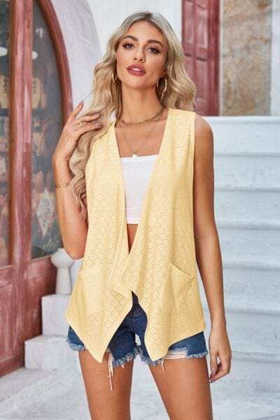 Eyelet Open Front Sleeveless Cardigan - Trendsi - Flyclothing LLC