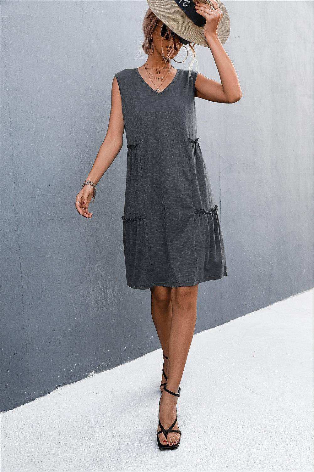 V-Neck Frill Trim Sleeveless Dress - Trendsi - Flyclothing LLC