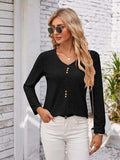 Decorative Button Openwork V-Neck T-Shirt - Trendsi - Flyclothing LLC