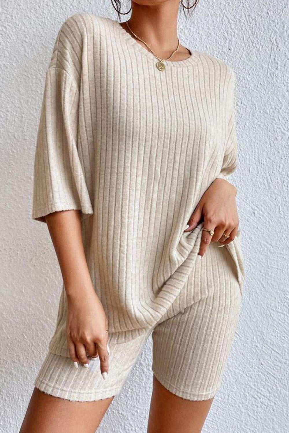 Round Neck Ribbed Top and Shorts Lounge Set - Trendsi - Flyclothing LLC