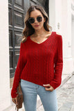 Cold Shoulder V-Neck Cable-Knit Pullover Sweater - Trendsi - Flyclothing LLC