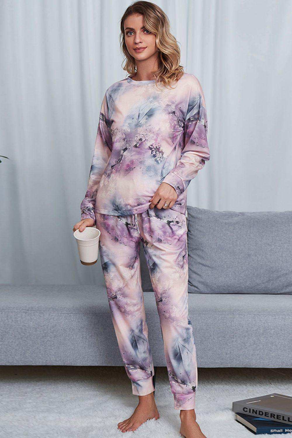 Tie-Dye Crewneck Top and Drawstring Waist Joggers Lounge Set - Trendsi - Flyclothing LLC