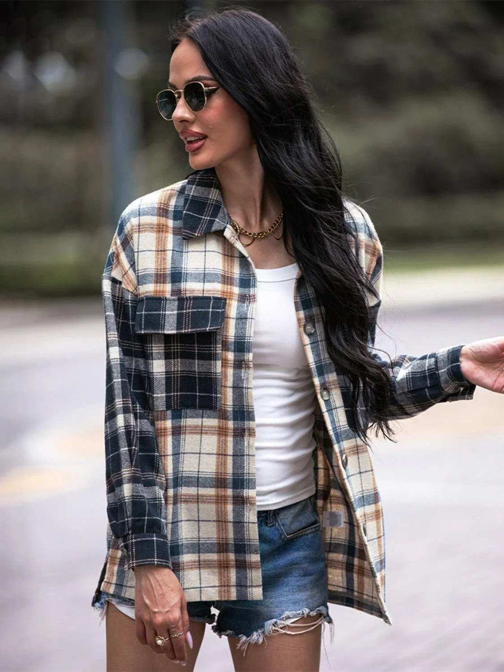 Plaid Dropped Shoulder Shacket - Trendsi - Flyclothing LLC