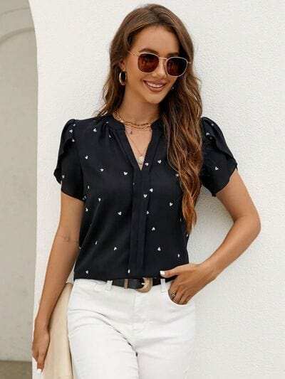 Heart Print Notched Petal Sleeve Blouse - Trendsi - Flyclothing LLC