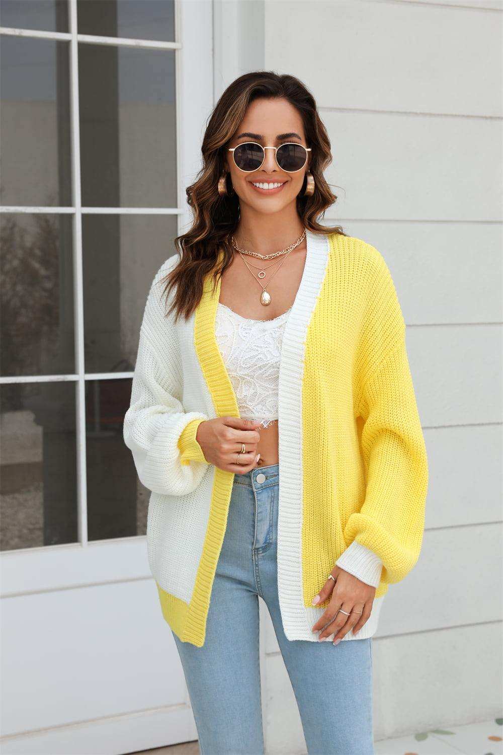 Open Front Contrast Color Balloon Sleeve Cardigan - Trendsi - Flyclothing LLC