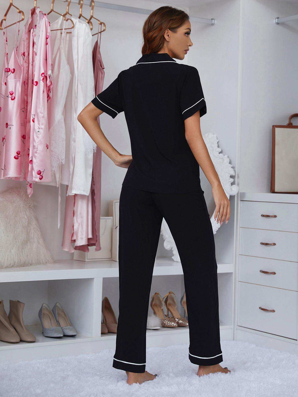 Contrast Piping Lapel Collar Short Sleeve Top and Pants Pajama Set - Trendsi - Flyclothing LLC