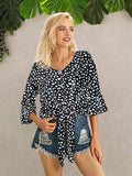 Tied Printed Button Up V-Neck Blouse - Trendsi - Flyclothing LLC