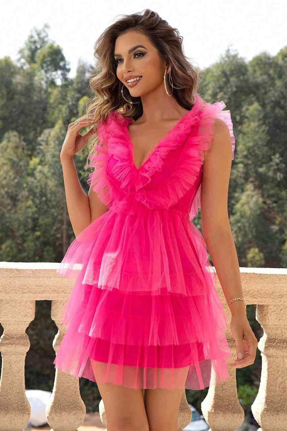 Ruffled V-Neck Sleeveless Mesh Dress - Trendsi - Flyclothing LLC