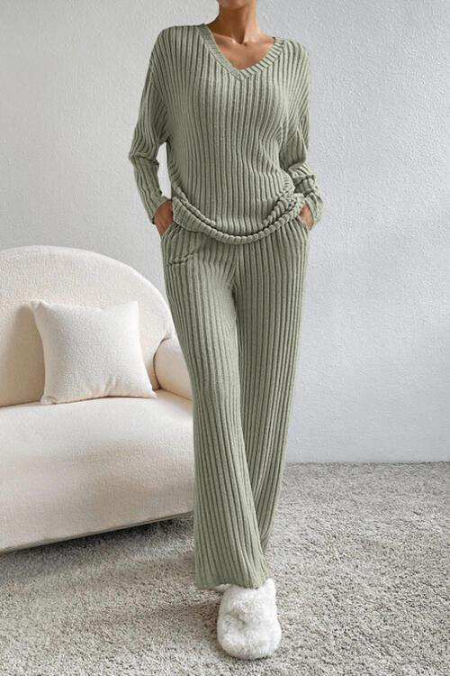 Ribbed V-Neck Top and Pants Set - Trendsi - Flyclothing LLC