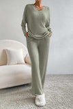 Ribbed V-Neck Top and Pants Set - Trendsi - Flyclothing LLC